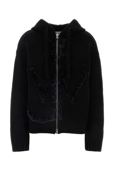 Jw Anderson Wool Sweatshirt With Hood And Ribbed Finish In Black