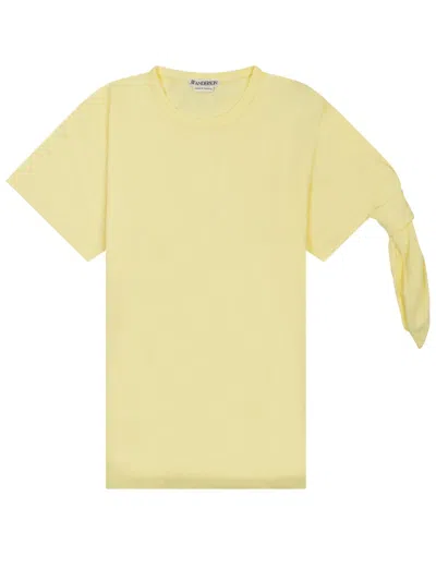 Jw Anderson Mens Yellow Sleeve Knot Brand-logo Cotton T-shirt