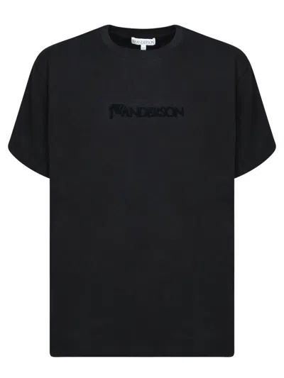 JW ANDERSON BLACK CREWNECK T-SHIRT WITH LOGO LETTERING EMBROIDERY ON THE FRONT IN COTTON MAN
