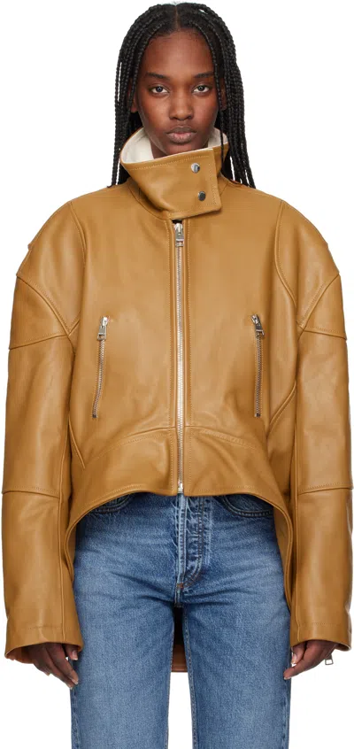 Jw Anderson Tan Curved Hem High Neck Leather Jacket In 640 Tan