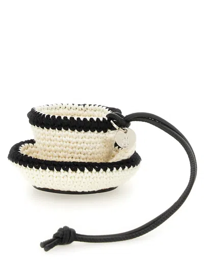 Jw Anderson Teacup Leather-trimmed Crocheted Bag Charm In Neutral