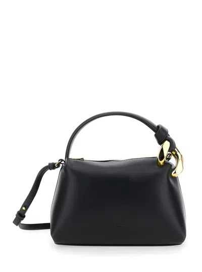 JW ANDERSON CORNER SMALL BLACK HANDBAG WITH METALLIC KNOT DETAIL IN LEATHER WOMAN