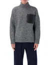 Jw Anderson Grey Sweater With High Neck And One Front Patch Leather Pocket In Wool Blend Man In Multi