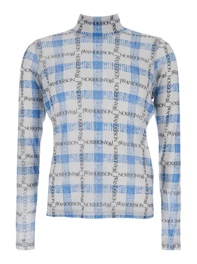 JW ANDERSON LIGHT BLUE TURTLENECK T-SHIRT WITH ALL-OVER CHECK MOTIF AND ALL-OVER LOGO PRINT IN TECH FABRIC STRET