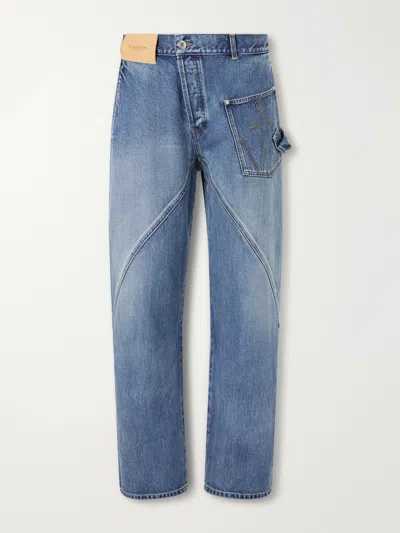 Jw Anderson Twisted Logo-debossed Straight-leg Jeans In Blue