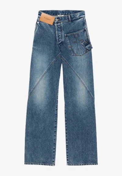 Jw Anderson Twisted Logo-debossed Straight-leg Jeans In Blue