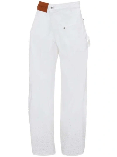 Jw Anderson Twisted Workwear Crystal-embellished Jeans In White