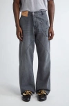Jw Anderson J. W. Anderson Relaxed Fit Grey Jeans With Diagonal Stitching And Embroidered Logo In Black