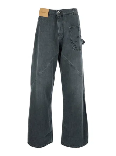 JW ANDERSON GREY JEANS WITH LOGO PATCH ON THE FRONT AND EMBROIDERED LOGO ON THE POCKET IN COTTON MAN
