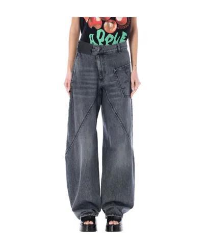 Jw Anderson Asymmetrical Washed Denim Trousers In Gray