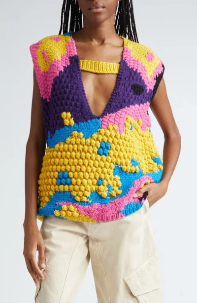 Jw Anderson V-cutout Texture Knit Wool Sweater Vest In Yellow/multi