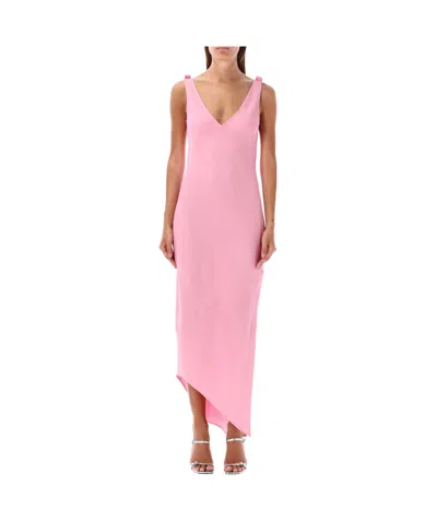 Jw Anderson V-neck Satin Midi Dress In Bubble Gum