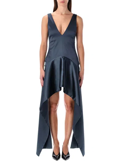 JW ANDERSON JW ANDERSON STEEL BLUE V-NECK DRAPED MINI DRESS