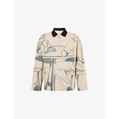 JW ANDERSON MENS NOUGAT EMBROIDERED-LOGO GRAPHIC-PATTERN COTTON-JERSEY POLO SHIRT