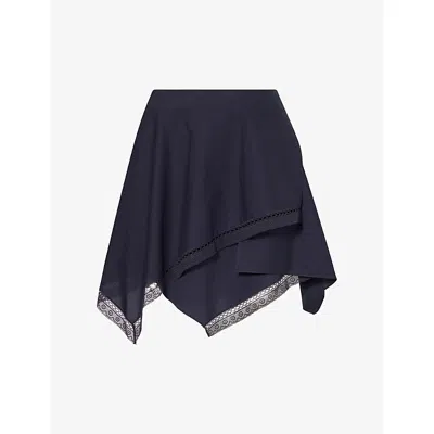 Jw Anderson W Anderson Womens Handkerchief Lace-trim Cotton Mini Skirt Dark Navy In Blue