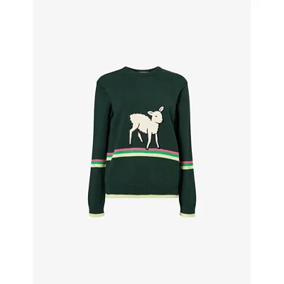 Jw Anderson W Anderson Womens Sheep Intarsia Cotton Knit Jumper Dark Fir In Green