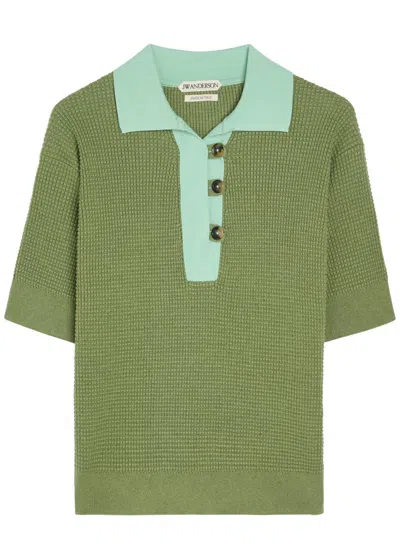 Jw Anderson Waffle-knit Cotton-blend Polo Shirt In Green