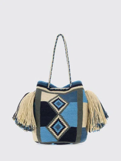 Jw Anderson Wayuu Mini Bucket Bag With Tassels And Ethnic Pattern In Blue