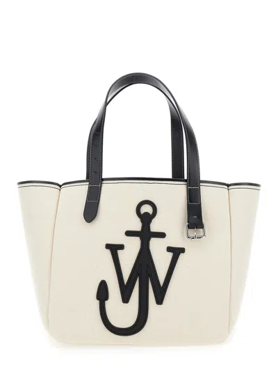 JW ANDERSON WHITE SHOPPER WITH JW LOGO ON THE FRONT IN CANVAS AND LEATHER WOMAN