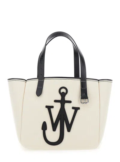 Jw Anderson White Shopper With Jw Logo On The Front In Canvas And Leather Woman In Multicolor