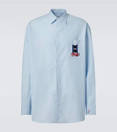 Jw Anderson Men Light Blue Shirt With Classic Collar And Embroidery Detail On Front And Cuff In Line In Animal Print