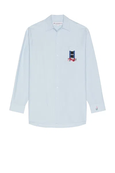 Jw Anderson Light Blue Shirt With Classic Collar And Embroidery Detail On Front And Cuff In Linen And Cotton Ble