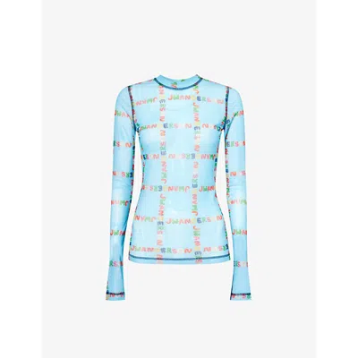 JW ANDERSON JW ANDERSON WOMEN'S SKY BLUE BRAND-MOTIF STRETCH-RECYCLED POLYESTER TOP