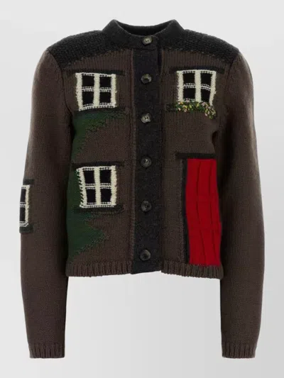 Jw Anderson House Embroidered Intarsia-knit Merino Wool Cardigan In Brown