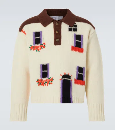 Jw Anderson 'house' White Polo Shirt Style Sweater With Embroidery On The Front