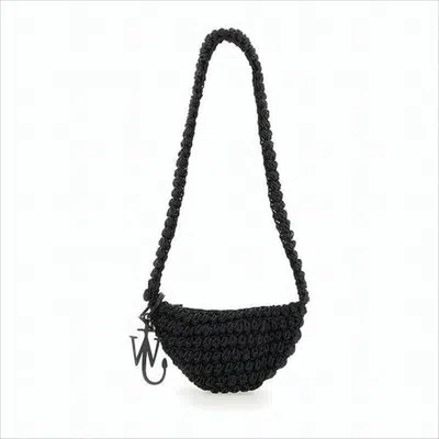 Jw Anderson Woven Crescent Crossbody Bag With Braided Strap And Metallic Charm In White