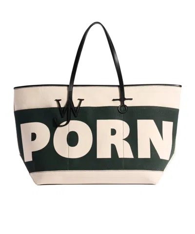Jw Anderson Xl 'porn' Anchor Canvas  Leather Tote In Green  Natural In Nude