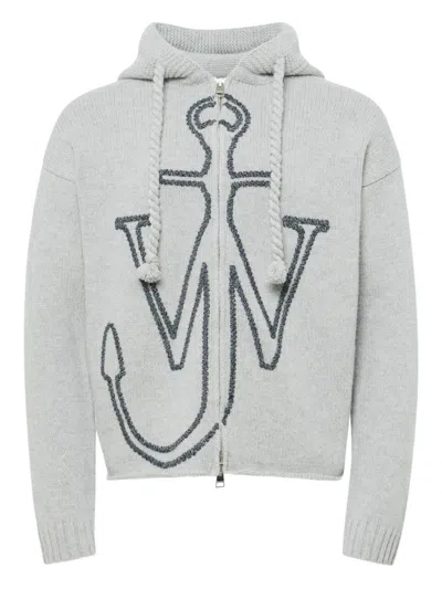 Jw Anderson Zipped Embroidery Hoodie In Gray