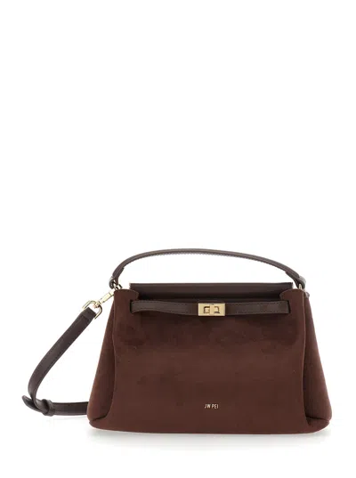 Jw Pei Carmen Turn-lock Handbag With Logo Front, Top Handle & Adjustable Strap, Ecosuede, 26x15.5x12 In Brown