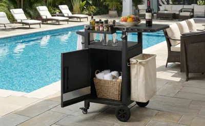 K & K 33.9" Outdoor Grill Cart With Drop Leaf, Outdoor Metal Bar Cart Pizza Oven Table With Wheels, Stainl In Black