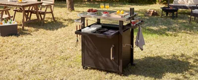 K & K 39.5" Outdoor Grill Cart With Storage Cabinet, Outdoor Bar Cart Pizza Oven Table With Wheels, Stainl In Brown