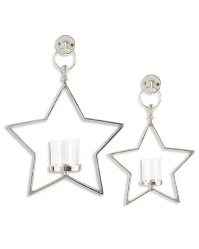 K & K Interiors K&k Interiors Set Of 2 Metal Star Hurricane Candleholders In Silver
