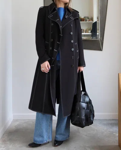 K-fashion Contrast Stitch Tailored Trench Coat In Black