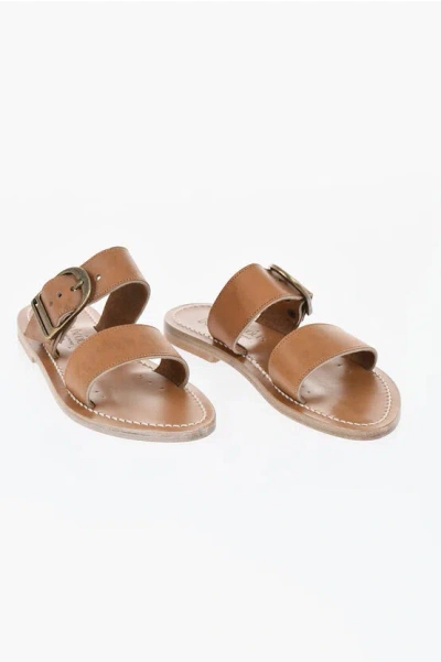 K. Jacques Saint Tropez Leather Flat Sandals Carcaso With Double Buckle In Brown