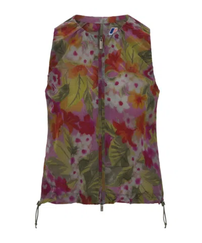 K-way Floral Green Women's Summer Sleeveless Top With Adjustable Drawstring In Multi