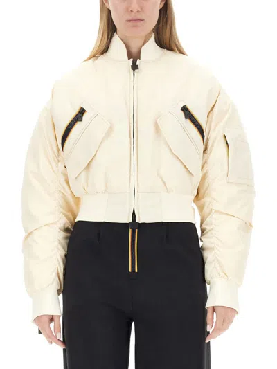 K-way Beige Solid Mock Collar Jacket In White