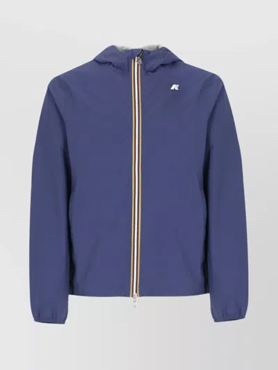K-way Short Waterproof Jacket With Hood And Elastic Hem In Blue