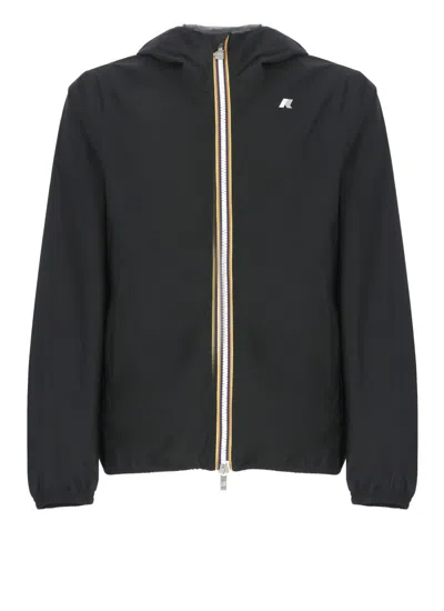 K-way Waterproof Black Jacket With Gros Grain Details In Green