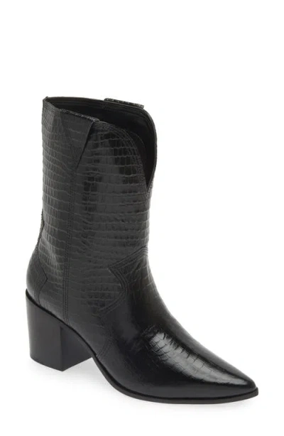 Kaanas Ver Croc Embossed Pointed Toe Western Boot In Black