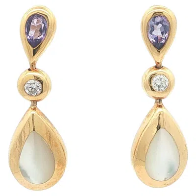 Pre-owned Kabana 14k Gold Inlaid Mother Of Pearl Tanzanite & Diamond Drop Dangle Earrings In Multi