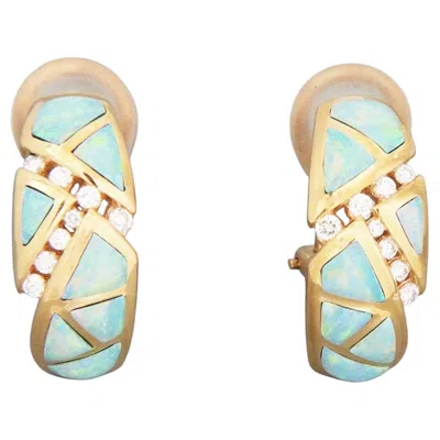 Pre-owned Kabana Diamond & Opal Curved Bar Huggie Earrings In 14k Yellow Gold