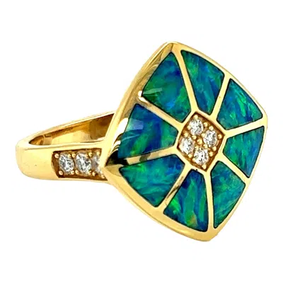 Pre-owned Kabana Diamond Fire Opal Inlay 18k Yellow Cocktail Ring Size 7