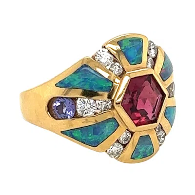 Pre-owned Kabana Diamond Fire Opal Tourmaline Iolite 14k Yellow Gold Band Ring
