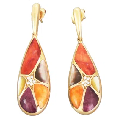 Pre-owned Kabana Diamond Spiny Oyster Mop Gems 14k Yellow Gold Long Teardrop Earrings