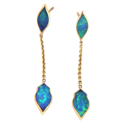 Pre-owned Kabana Fire Opal Leaf Earrings In 14k Yellow Gold Long Dangle Design