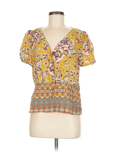 Pre-owned Kachel Short Sleeve Silk Top Yellow Plunge Neckline Tops